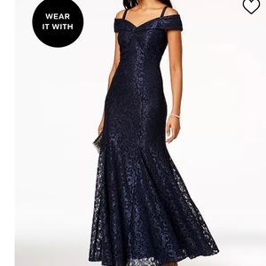 R & M Richards Off-The-Shoulder Lace Gown. Navy blue